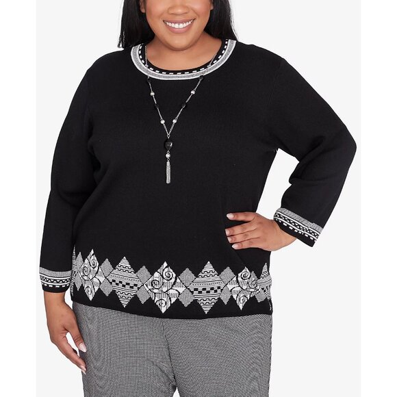 Alfred Dunner Runway Ready Diamond Border Sweater With Necklace 2X - Picture 1 of 5
